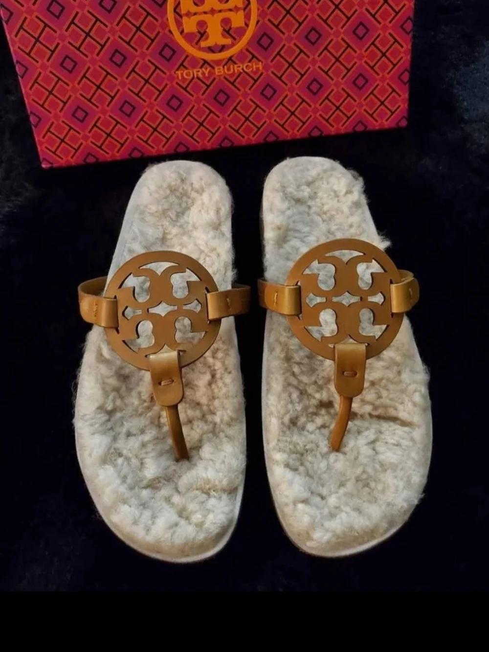 Tory Burch Tan Leather Logo Shearling Thong Sandals